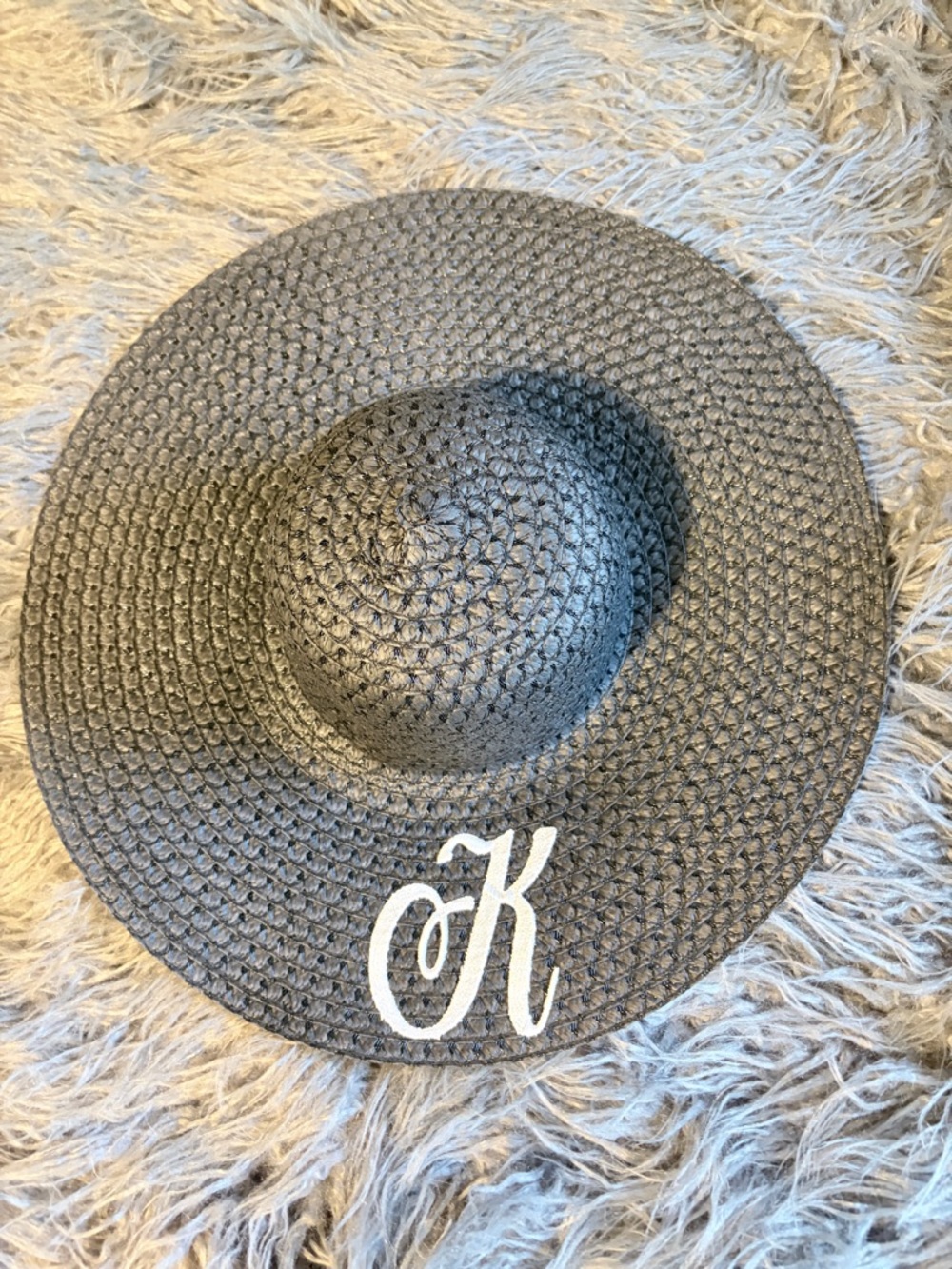 Monogrammed Wide-Brim Straw Sun Hat - Black with White 'K'